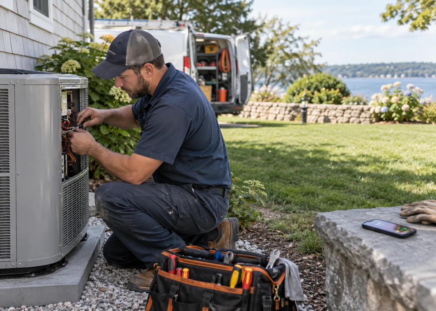 HVAC technician at work with an incoming call on his phone