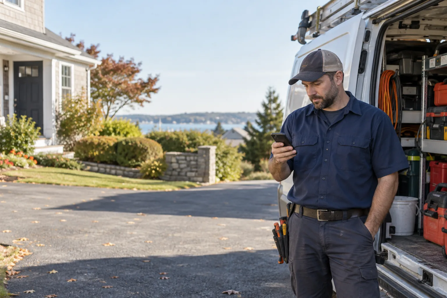 Home-service contractor checking an incoming call beside his service van
