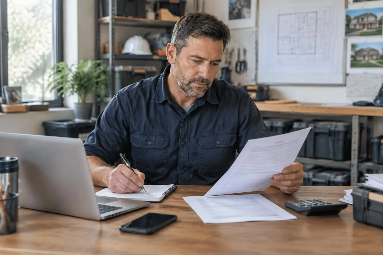 Illustrative scene of a contractor reviewing an estimate and job notes at his desk